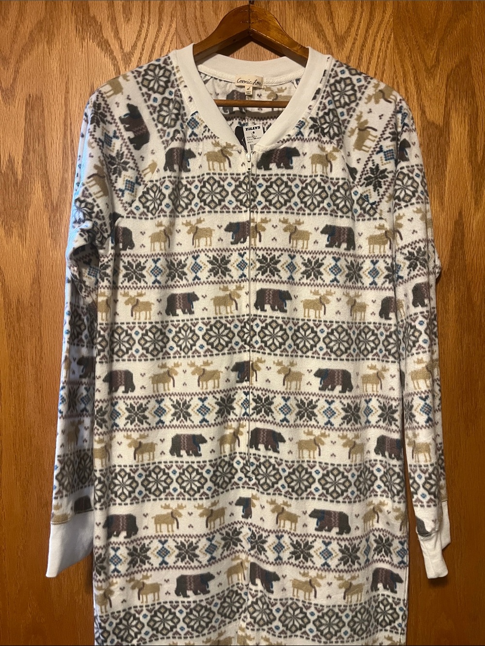 Tilly's Cream Fair Isle Zip-Front Pajama Onesie with Bear & Moose Motifs